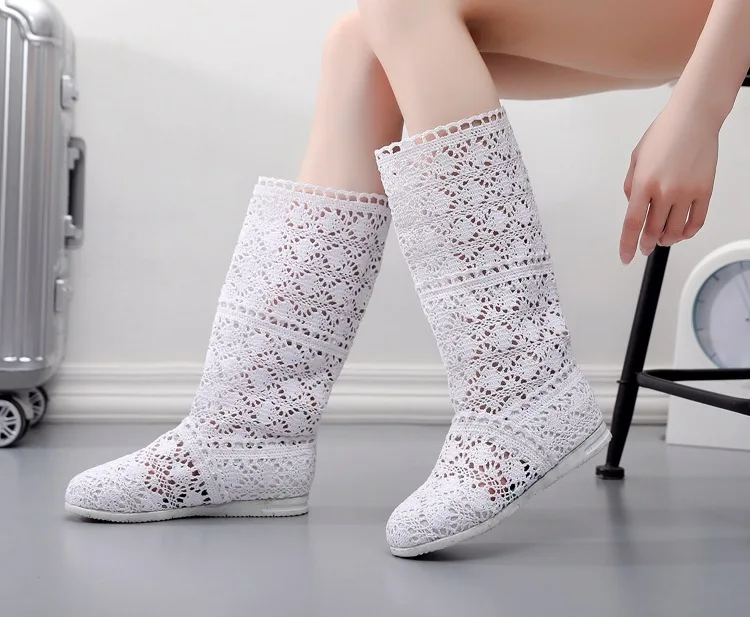 New Autumn fashion Hollow Boots Shoes Breathable Knit Line Mesh Korean High Summer Women Boots Knee High Womens Shoes