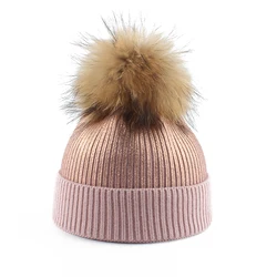 2021 New Metallic Print Beanies For Women Girls Winter Real Fur Pompom Hats Warm Wool Knitted Beanie Hat Casual Pompon Cap