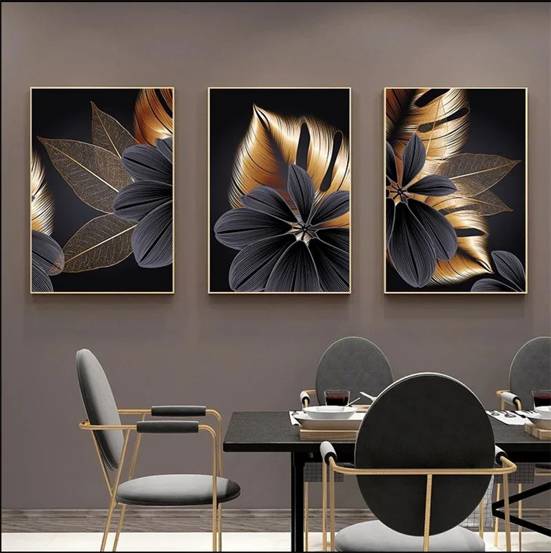 

3 Panel Black Golden Leaves Canvas Posters And Prints Abstract Modern Plant Wall Art Painting Nordic Living Room Home Decoration