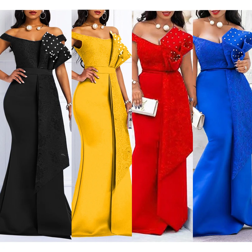 

2024 Winter Women Slash Neck Short Sleeve Pearl Dress Sexy Office Lady Africa Evening Night Club Party Long Maxi Dresses