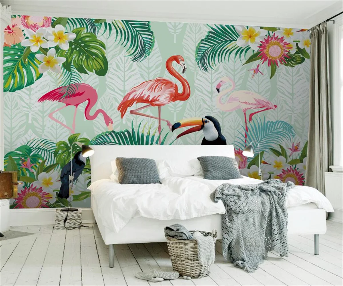 Custom wallpaper fashion light luxury HD hand-painted flamingo flowers painting background wall 3d wallpaper