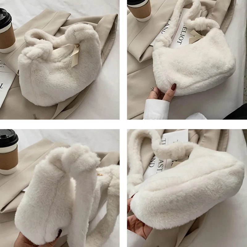 Solid Fluffy Underarm Faux Fur Bags Women Simple Mini Versatile Winter Sweet Girls Zipper Half Moon Handbag Chic Portable Bolsa