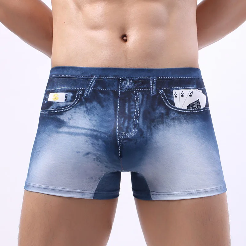 Cueca masculina impressão denim sexy boxer homme marca nova qualidade superior moda calcinha