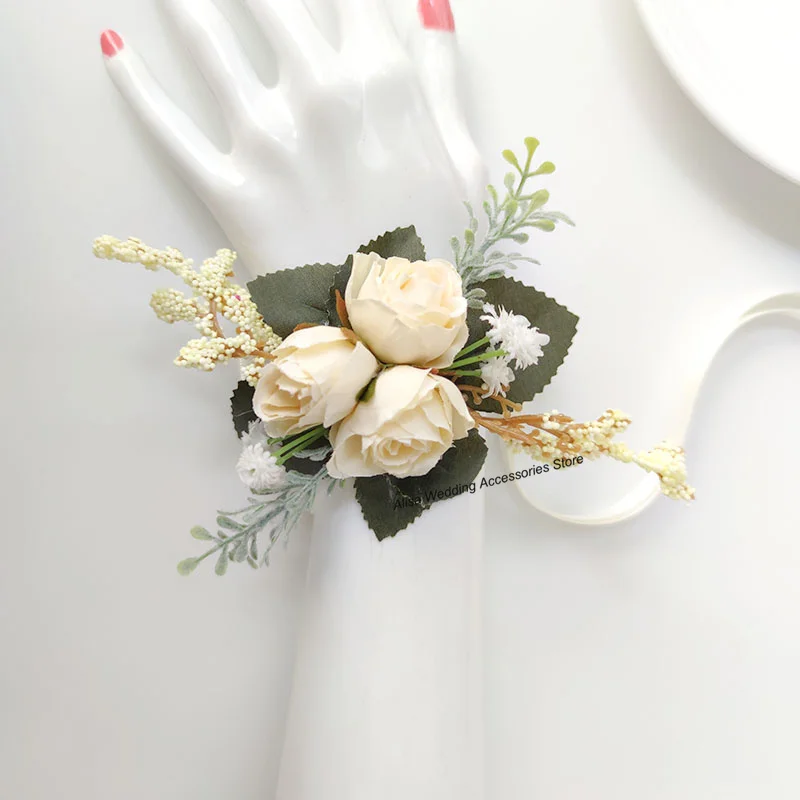 Ivoor Bruidegom Boutonniere Pins Bruiloft Accessoires Pols Corsage Armband Broche Bloemen Kunstzijde Rozen Knoopsgat Huwelijk