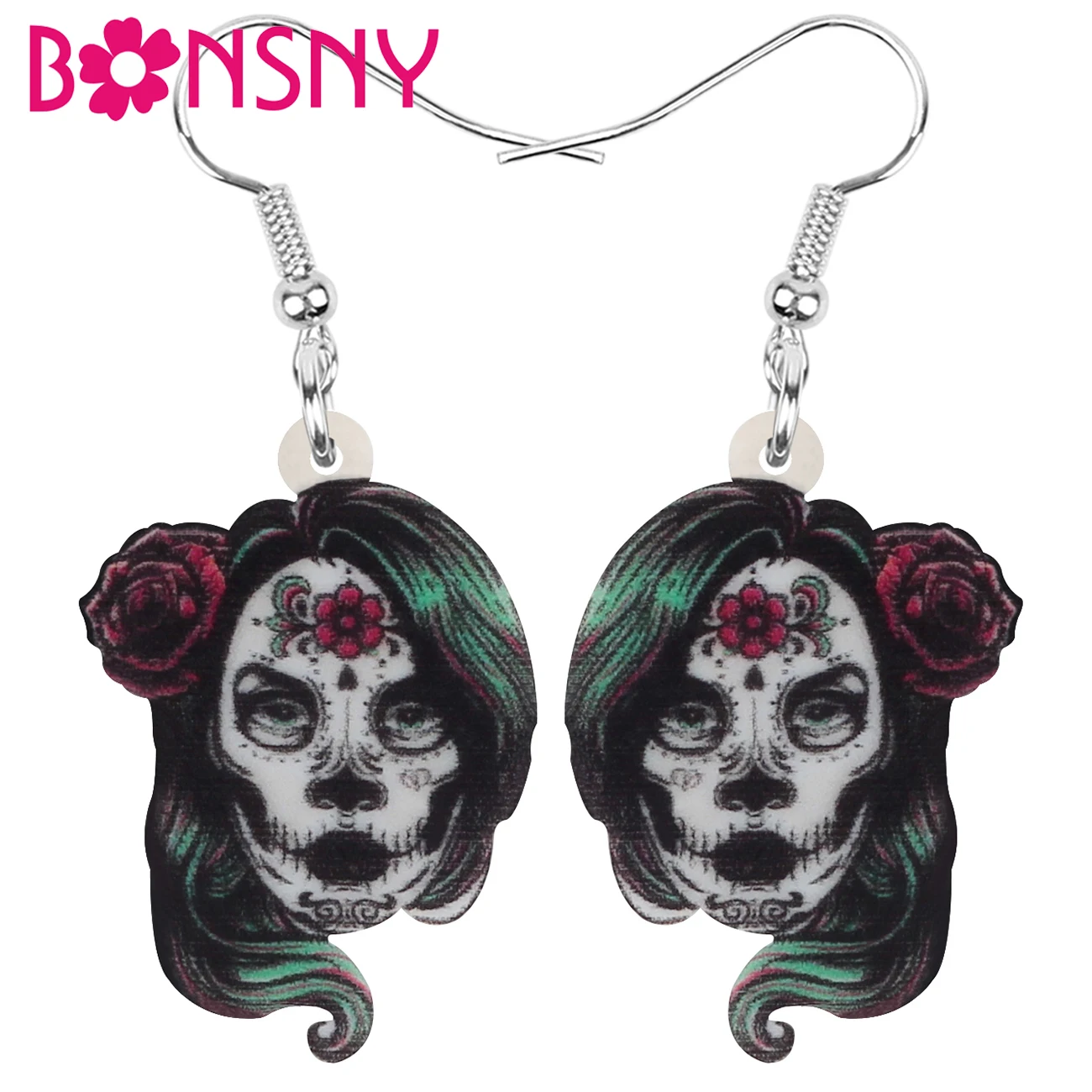 Bonsny Acrylic Halloween Evil Skull Earrings Realistic Long Dangle Drop Jewelry For Women Kid Retro Festival Gift Accessories