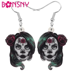 Bonsny-pendientes acrílicos de calavera malvada para mujer, joyería larga realista, colgante, accesorios de regalo de Festival Retro para niños, Halloween