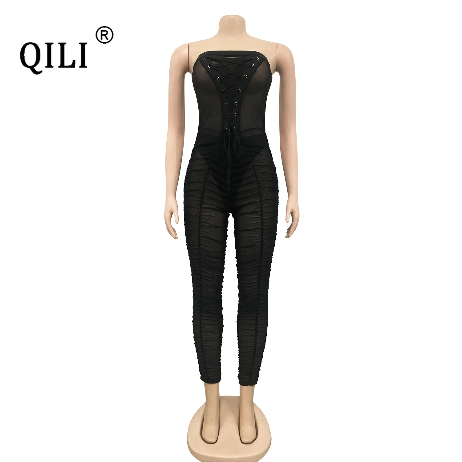 QILI-Sexy Strapless Lace Up Jumpsuits, Mesh, Black, White, See Through, Sleeveless, Skinny, Full Length Pants, Jumpsuit, C