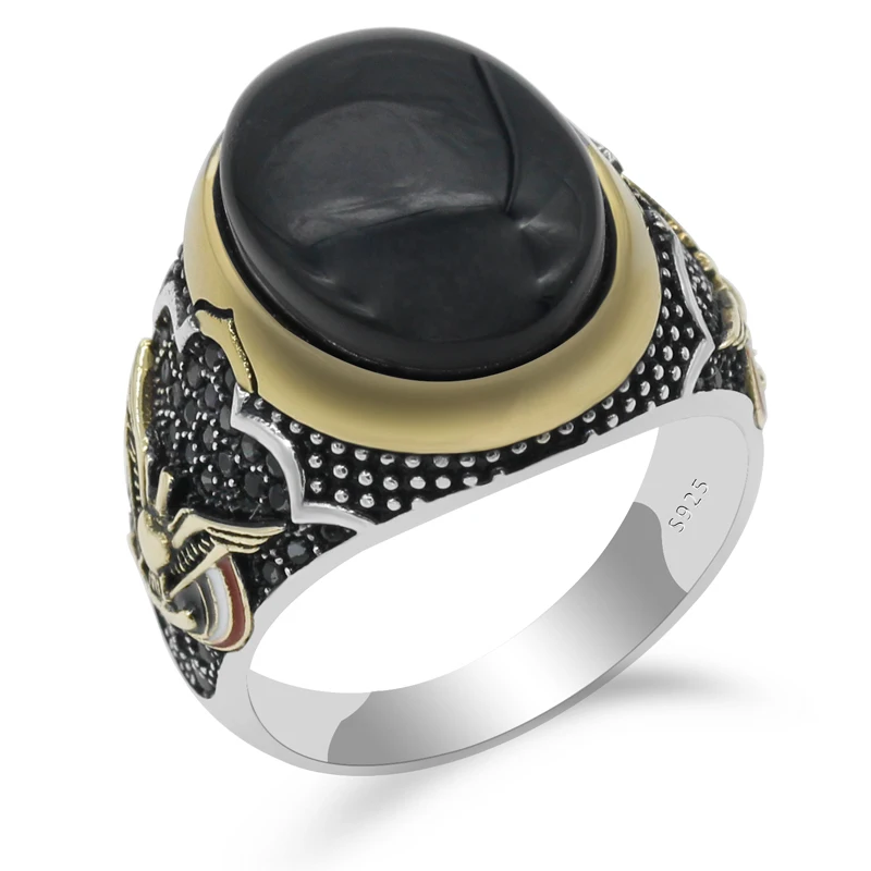 925 Sterling Silver for Men Ring with Oval Black Natural Onyx Stone Ring Peace Symbol for Male Thai Silver Turkish Jewelry