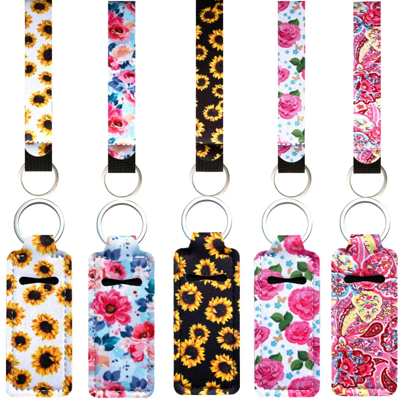 1set=2pcs Marbling Chapstick Holder Keychains with Wristlet Lanyard Neoprene Lipstick Holder Keychain Best Party Gifts