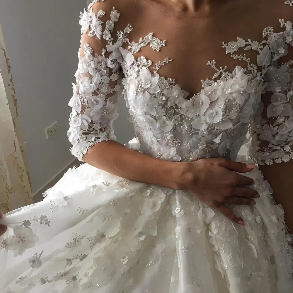 

2025 Luxury Wedding Dresses Bridal Gowns A Line Sheer Neck Open Back With 3D Flowers Court Train Robe De Mariage