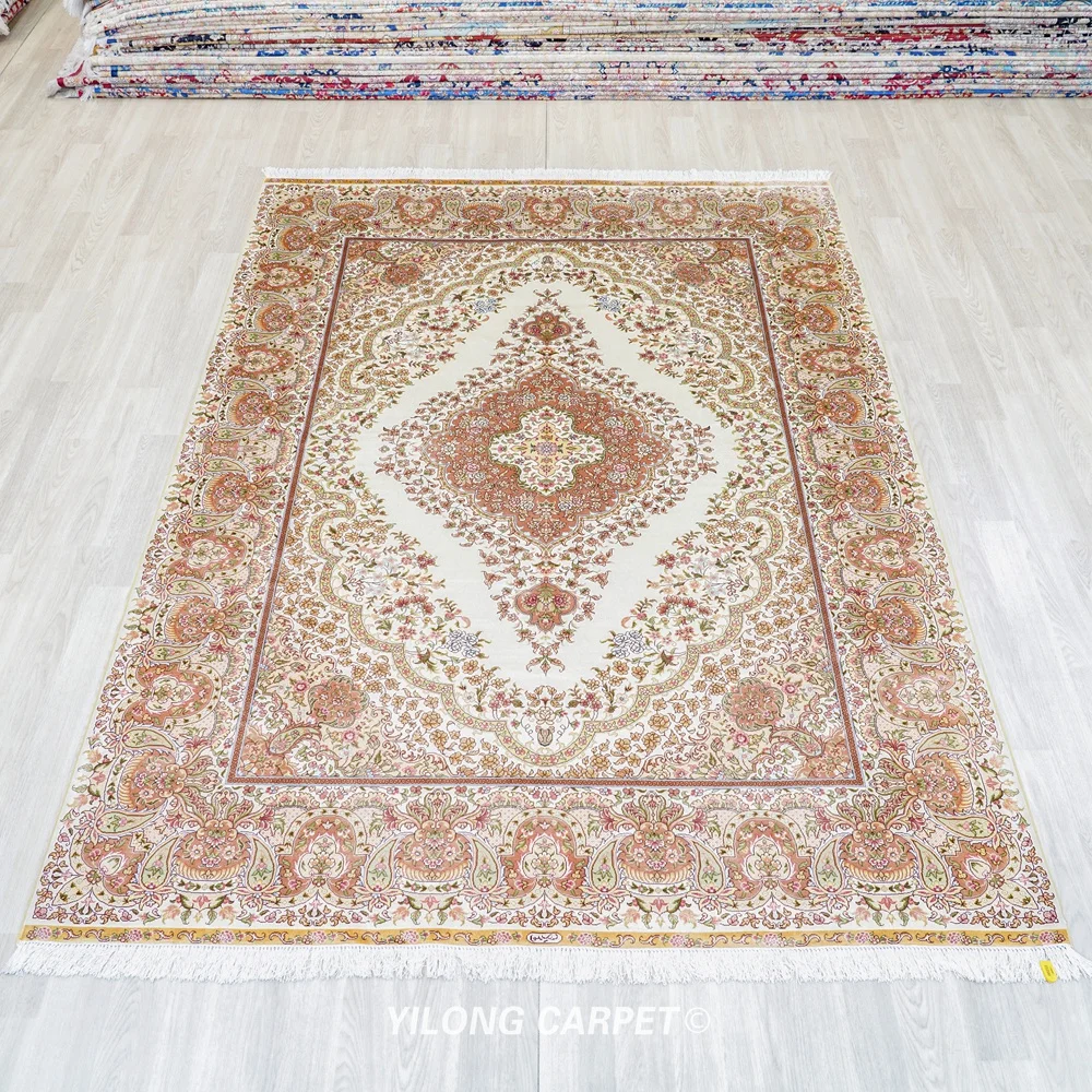 6'x8.5' Antique persian tabriz silk carpet beige hand knotted turkish silk rug (0252)