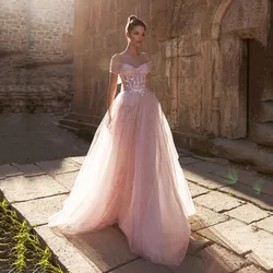 Light Pink Tulle Wedding Dress New Off Shoulder Lace Appliques Princess Bridal Dress Boho Wedding Gowns Customized 2025