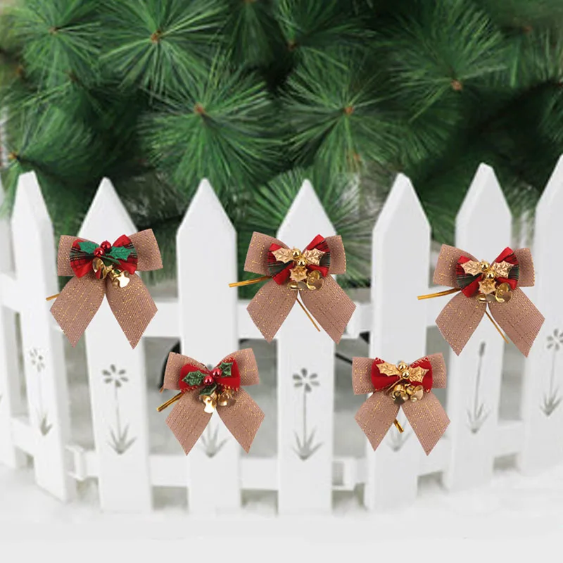 12pcs/pack Linen Mini Bow Christmas Tree Decoration Leaf Jingle Bell Bow Decorations Christmas Ornaments Bowknot Crafts