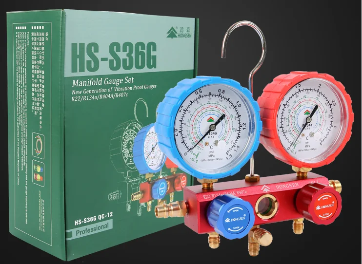 HONGSEN HS-S36G Car Air Conditioning Pressure Manifold Gauge Hose Kit for R134A R12 R22 R502 Refrigerant  Set with Storage Box