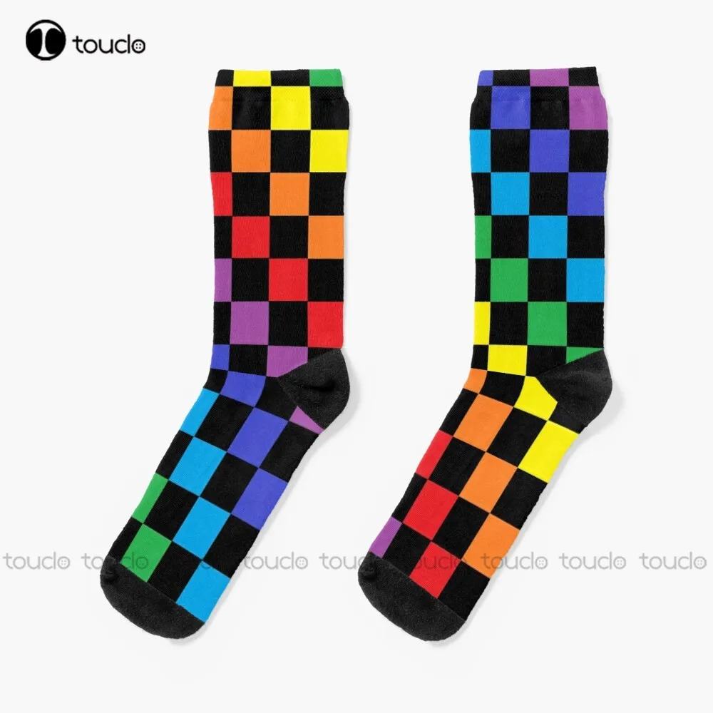 

Checkered Rainbow Black Socks Cow Socks Christmas Fashion New Year Gift Unisex Adult Teen Youth Socks 360° Digital Print Custom