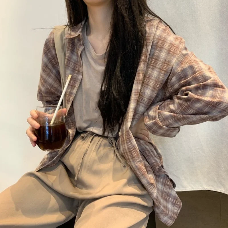 Plaid Shirts Women Vintage Leisure Single Breasted All-match Baggy Elegant Simple BF Trendy Female Soft Streetwear Students New