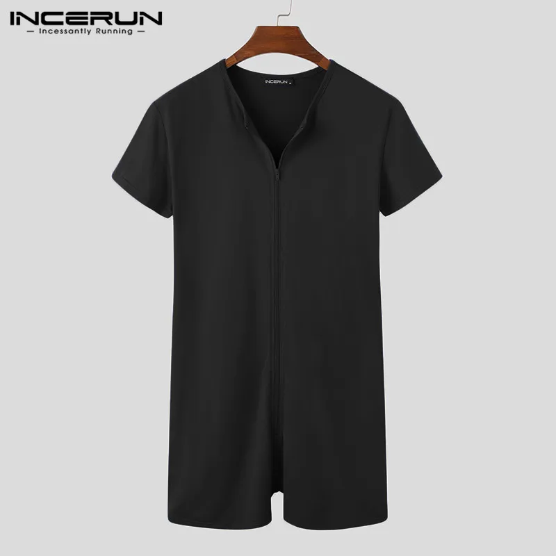 INCERUN Piyama Pria Baju Monyet Lengan Pendek Solid Leher V Ritsleting Kebugaran Santai Pakaian Rumah Pakaian Bermain Nyaman 2023 Jumpsuit Pakaian Tidur