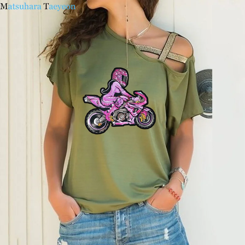 Pink Biker with Pink Girl Rider Fashion NEW T Shirt Women Short Sleeve TShirt Cotton T-Shirt Female Irregular Skew Cross Bandage