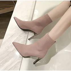 Nice Women Stretch Sock Boots Pointed Toe Female Heels Shoes Autumn Winter Woman Square Heels Ankle Boot Elastic Fabric Shoes