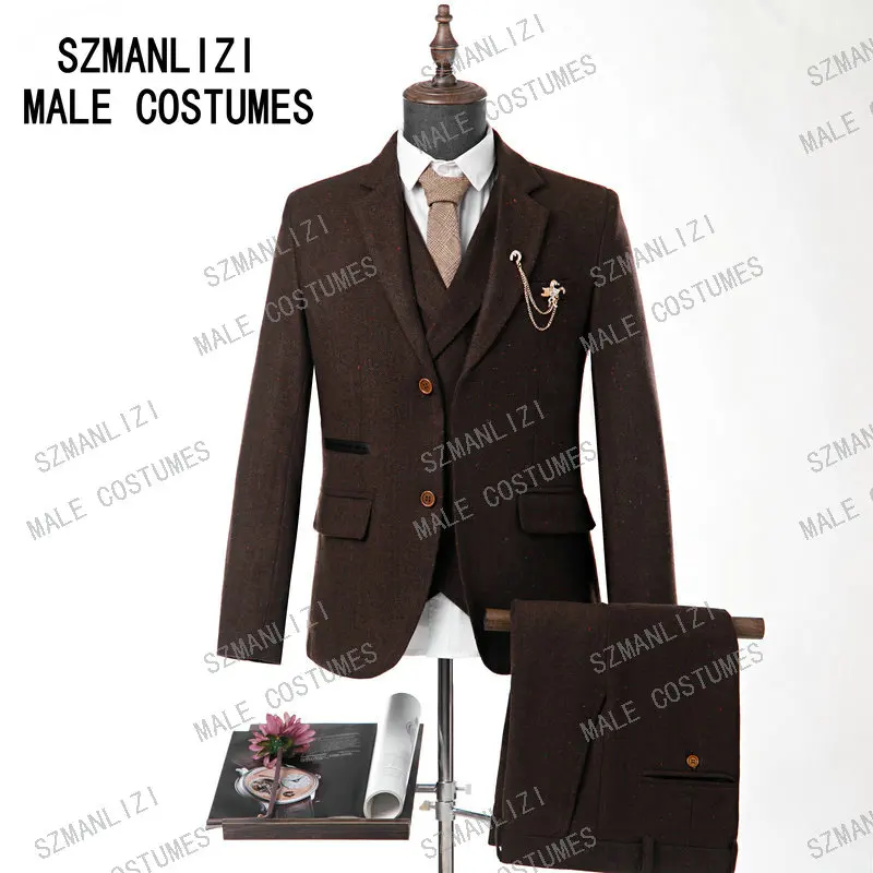 

Wool Brown Herringbone Wedding Tuxedo 3 Pieces Jacket+Vest+Pants Winter Business Work Formal Men Suits Costume Homme