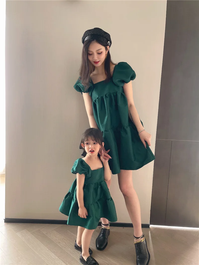 Green Bubble Parent-child Dress Family Matching Outfits Clothes Baby Girls Mom Princess Dress Fashion Summer Women Kids Costume