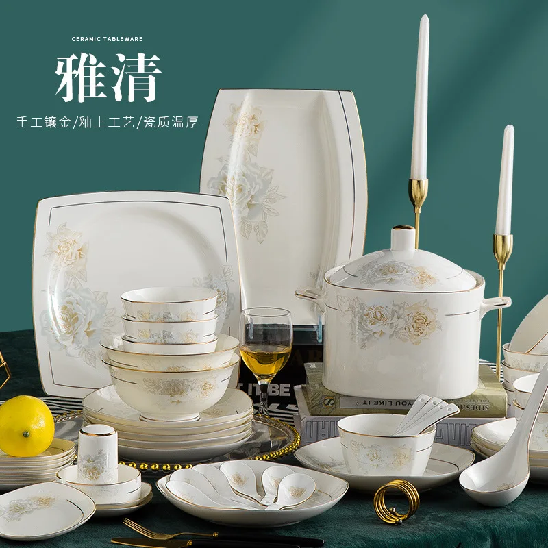 Tableware set 58pc elegant clear painted gold tableware bowls Jingdezhen bone china bowls and plates as gifts