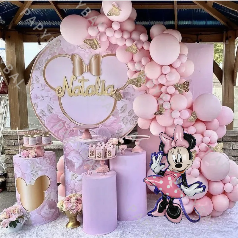 131Pcs Disney Minnie Mouse Theme Party Balloon Pink Latex Balloon Arch Garland Kit Baby Shower Kids Birthday Party Supplies