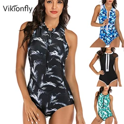 Vikionfly Zipper One Piece Swimsuit Women 2023 Sport Printed Padded Onepiece Swimwear Ladies Bathing Suit Surfing Swimming Suit