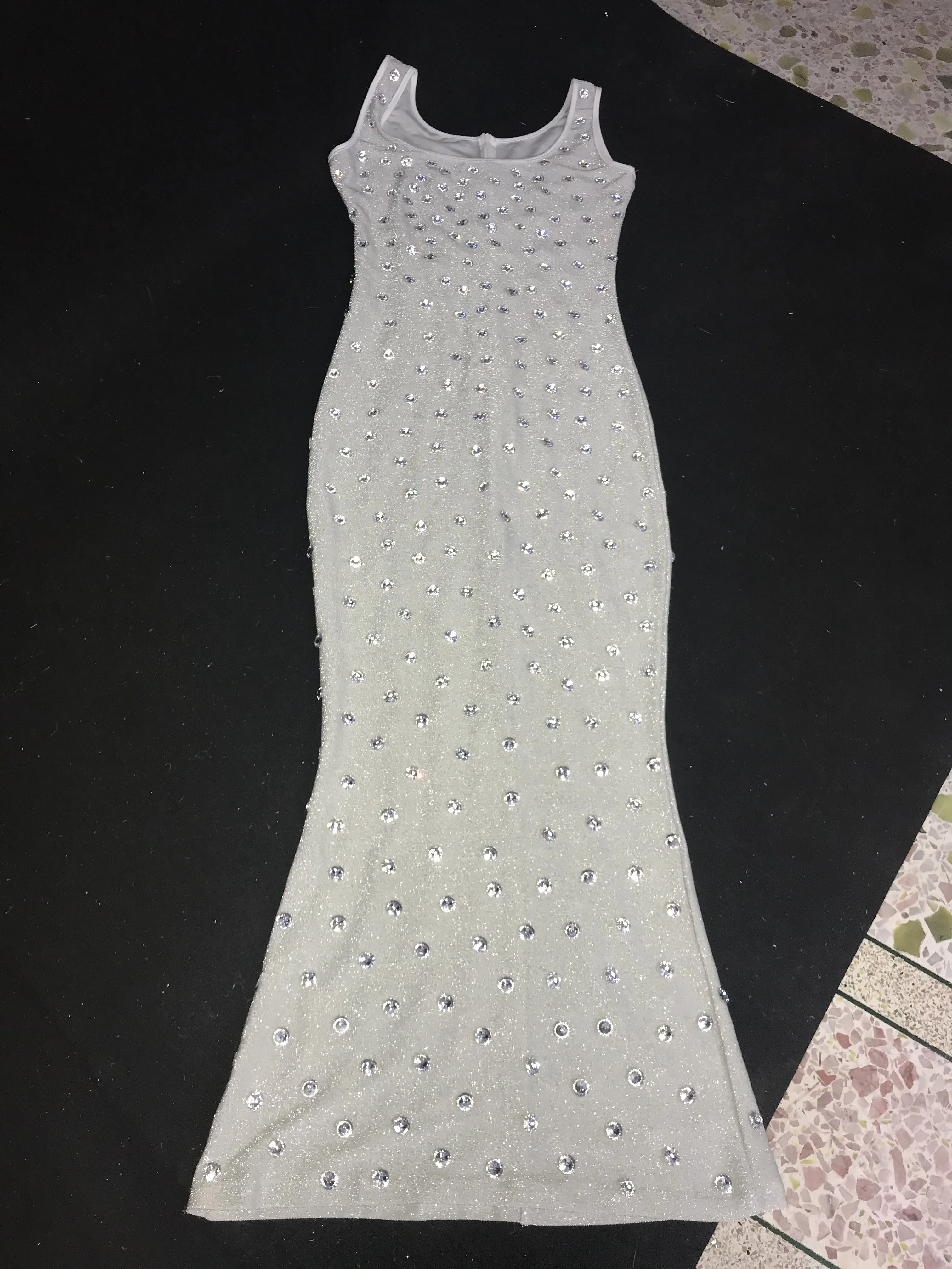 Silver Big Rhinestones White Stretch Long Dress Birthday Celebrate Sleeveless Outfit Female Singer Performance Skinny Dress