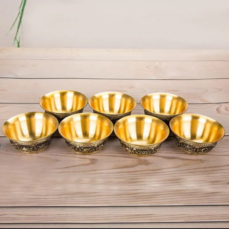 

7 pieces a Lot Carved Flowers Buddhism Exquisite Thick Copper Water Supply Cup Tribute Bowl Sacrifice Bowl Free Ship