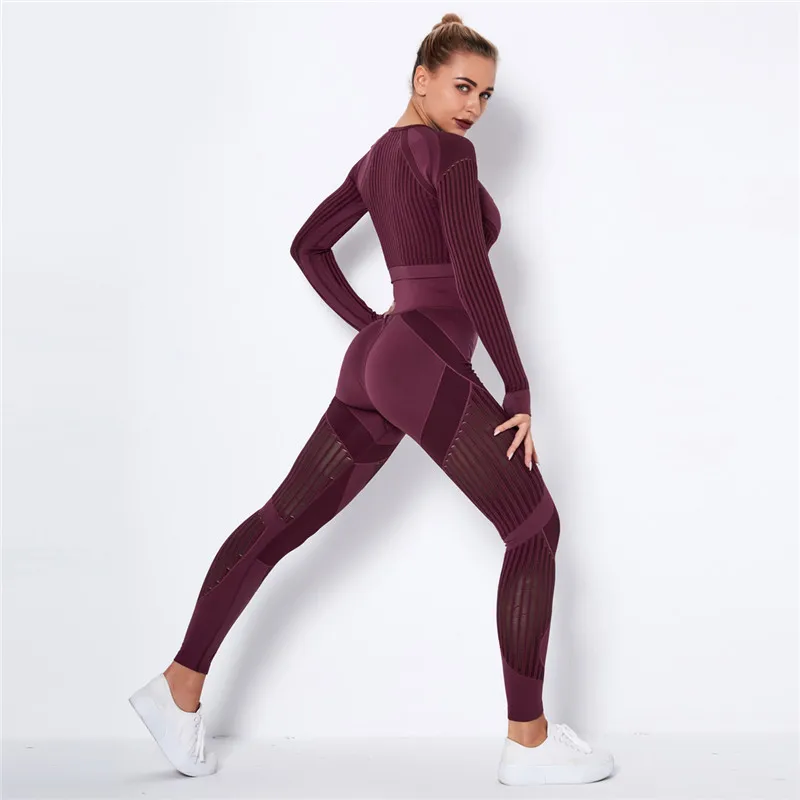 Women Workout Fitness Outfits Hollow Mesh Sports Sets Running Set High Waist Gym Sets Energy Seamless Yoga Suits New 2 Pcs Sets