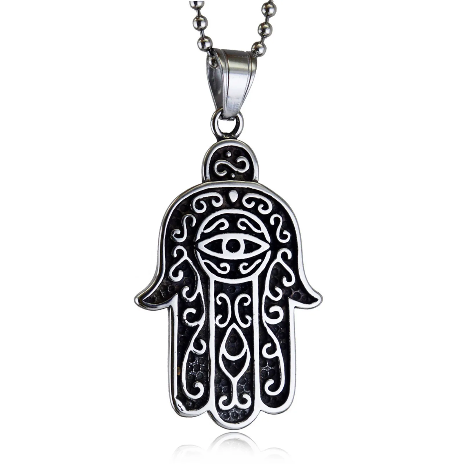 Evil Eye Hamsa Hand of Fatima Necklace Stainless Steel Palm Five Fingers Pendant for Men Women Simple Classic Design Jewelry