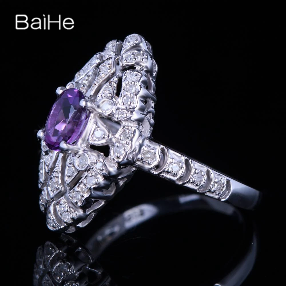 BAIHE Solid 14K White Gold Genuine Amethyst Ring Man Women Engagement Making Trendy Fine Jewelry Bague Améthyste Amethyst-Ring