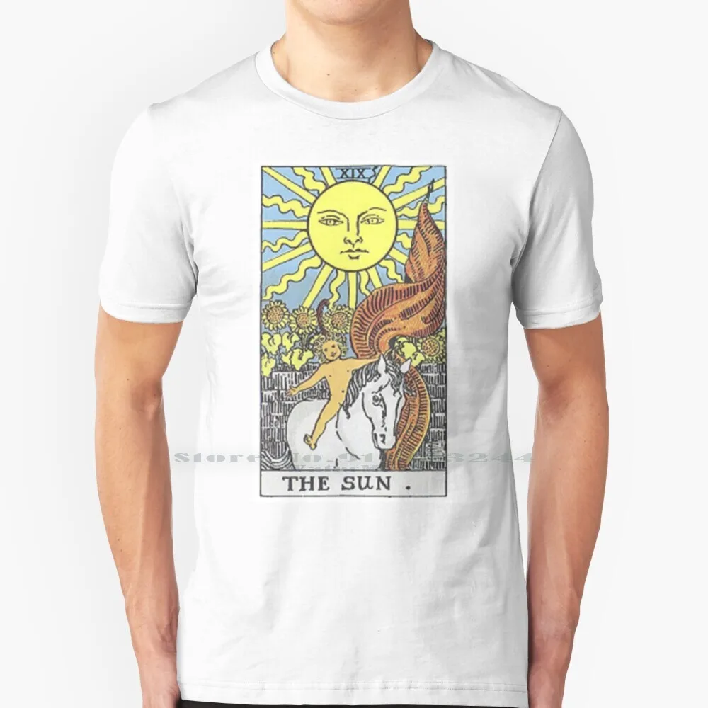 The Sun Tarot 100% Cotton T Shirt Sunflowers Rider Waite Tarot Horse Yellow Blue Colorful Astrology Zodiac Psychic Wicca Pagan