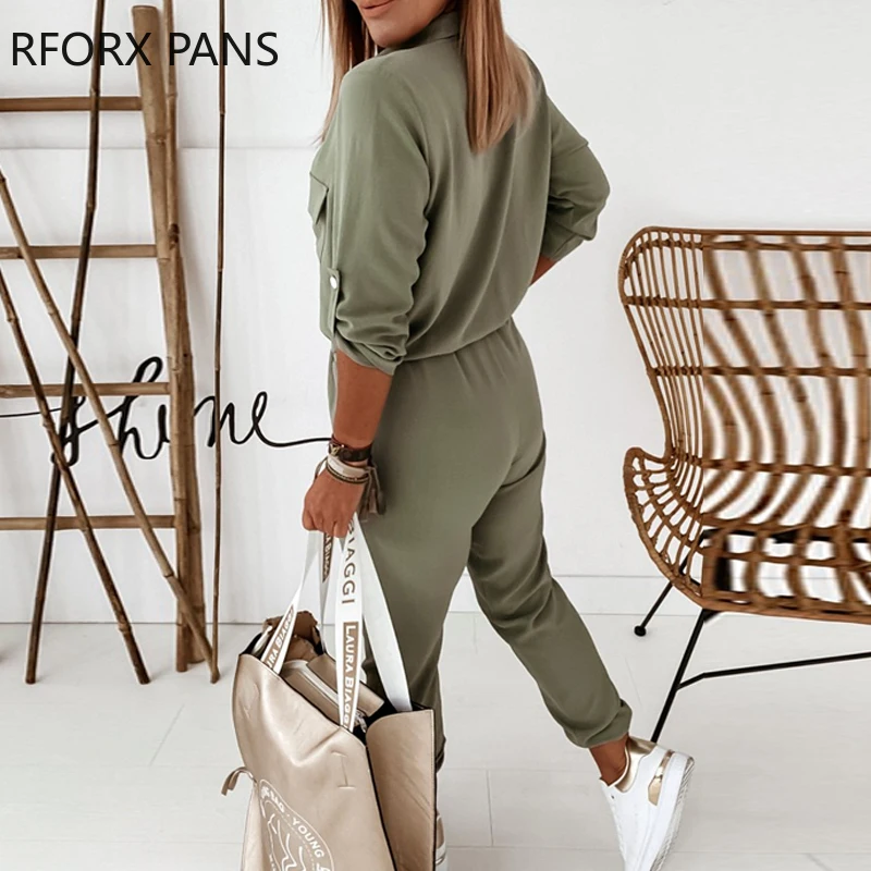 Solid Long Sleeve Elastic Waist Jumpsuit Office Lady Casual Look for Women 2020