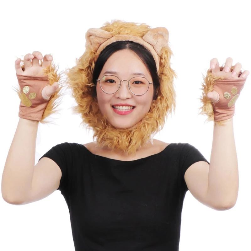 Halloween Costume Lion Plush Ears Headband Tail and Paws Kit Lion Fingerless Costume for Adults Kids Halloween Decor