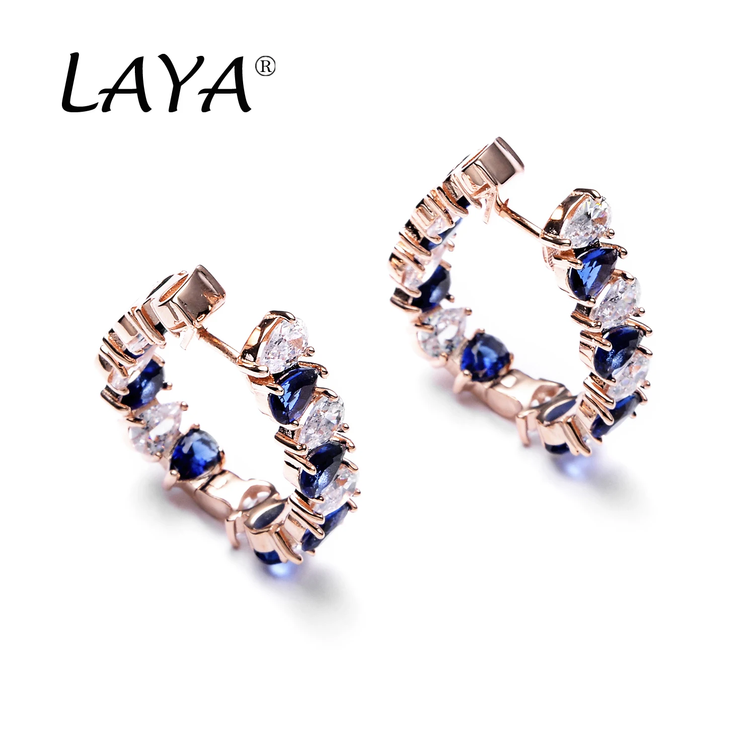 LAYA 925 Sterling Silver Rose Gold Inlaid Synthetic Blue Crystal Huggie Earrings For Women Wedding Original Modern Jewelry