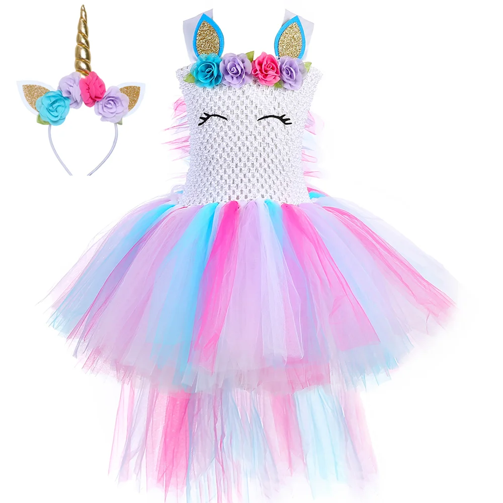 

Unicorn Tutu Dress with Train Mane Pastel Tulle Flower Girl Birthday Party Dress Unicorn Cosplay Halloween Costume for Kids 1-14