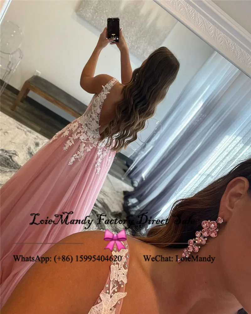 Vestido de fiesta largo de encaje con escote en V para mujer, elegante, de tul, Espalda descubierta, color rosa