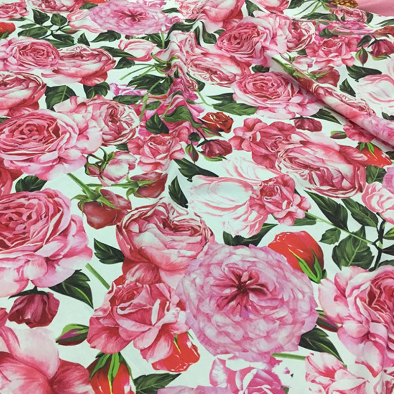 145cm Width Fashion Pink Rose Flower Printed Imitate Cotton  Fabric For Woman/Kids Dress Blouse Pants DIY Cloth Sewing Material