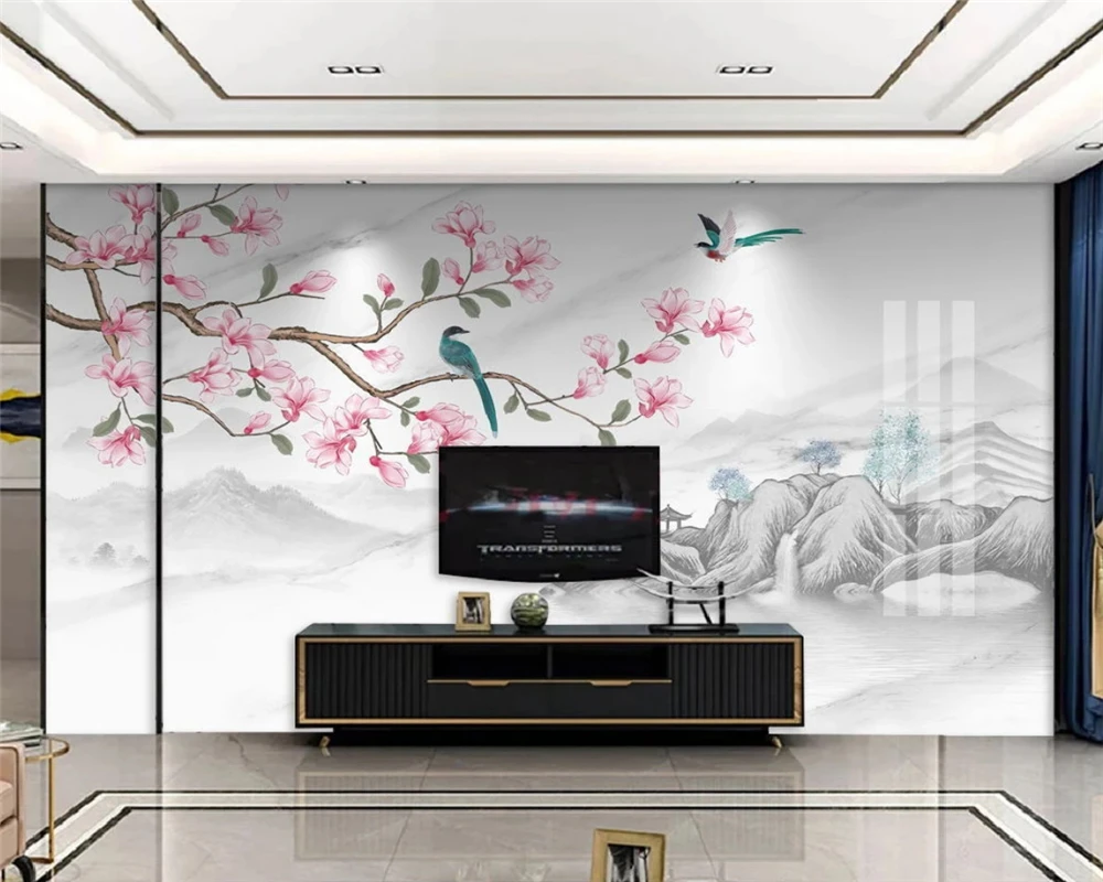 beibehang Customized new personality wall paper Chinese jazz white marble landscape magnolia bird TV background wallpaper