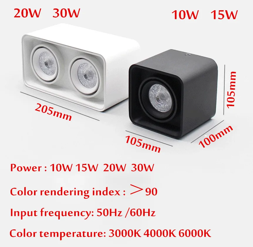 Square Dimmable LED Mounted Down LED Ceiling Lamps 10w 15W 20w 30W AC90-260V Light Direction Adjustable Indoor Lighting