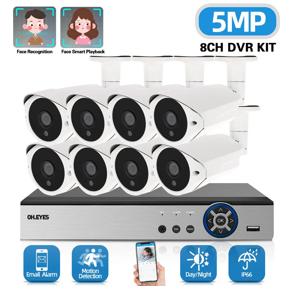 

House Monitoring Camera System 5MP 8 Channel DVR Kit Outdoor Waterproof Face Detection CCTV Video Surveillance Camera System Kit