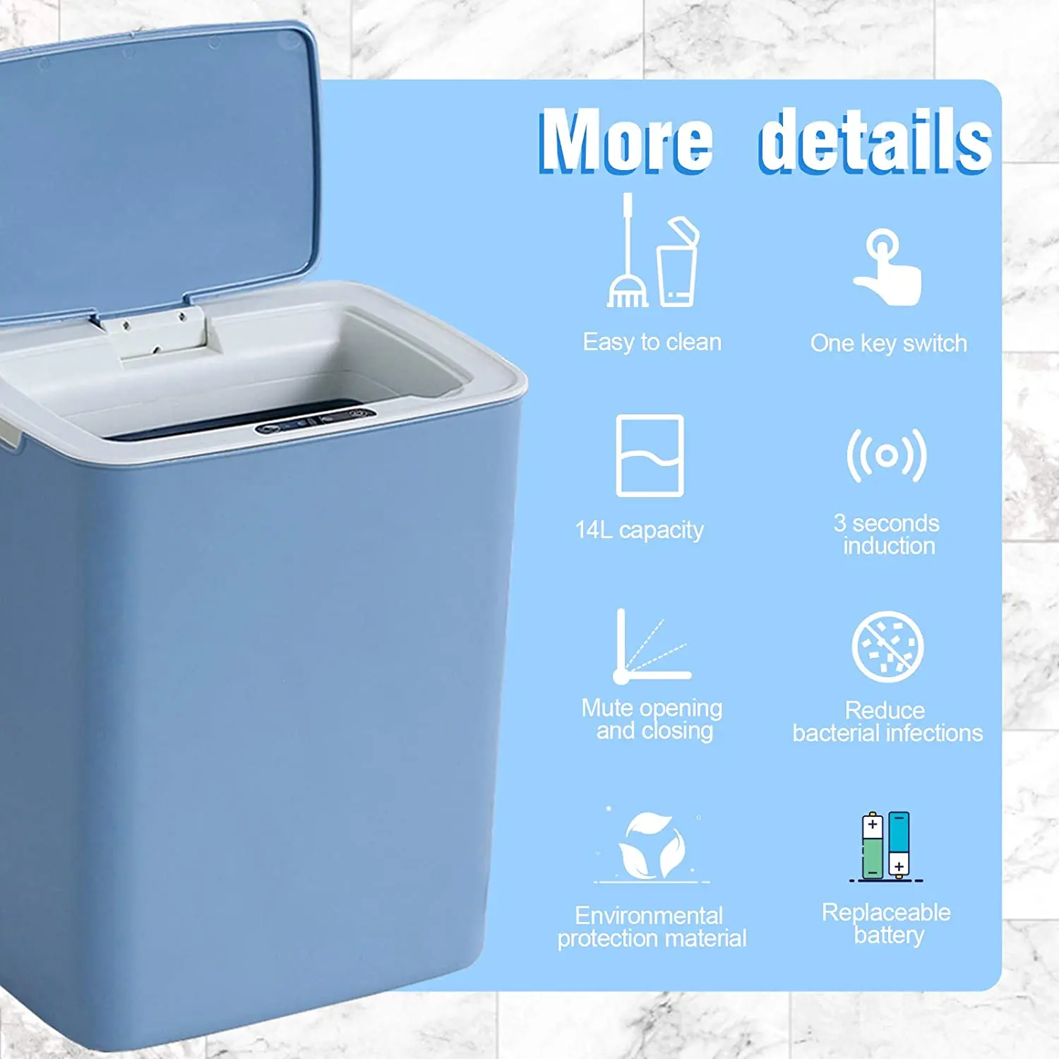 Touchless Sensor Trash Bin 14L Trash Can with Lid Sensor Kitchen Bin Recycling and Waste for Kitchen/Living Room/Office-Blue