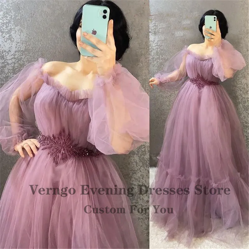 Verngo 2021 Olive Green Tulle Prom Dresses Puff Long Sleeves Sweetheart Diamond Sash Plus Size Gowns Women Red Evening Dress