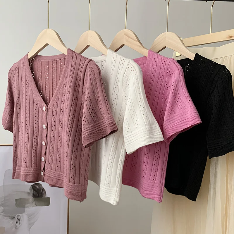 Thin Knitted Short Sleeve Cardigan Top Summer Women Hollow Out Casual Short Sleeve Cardigans Single-breasted T-shirts Crop Tops