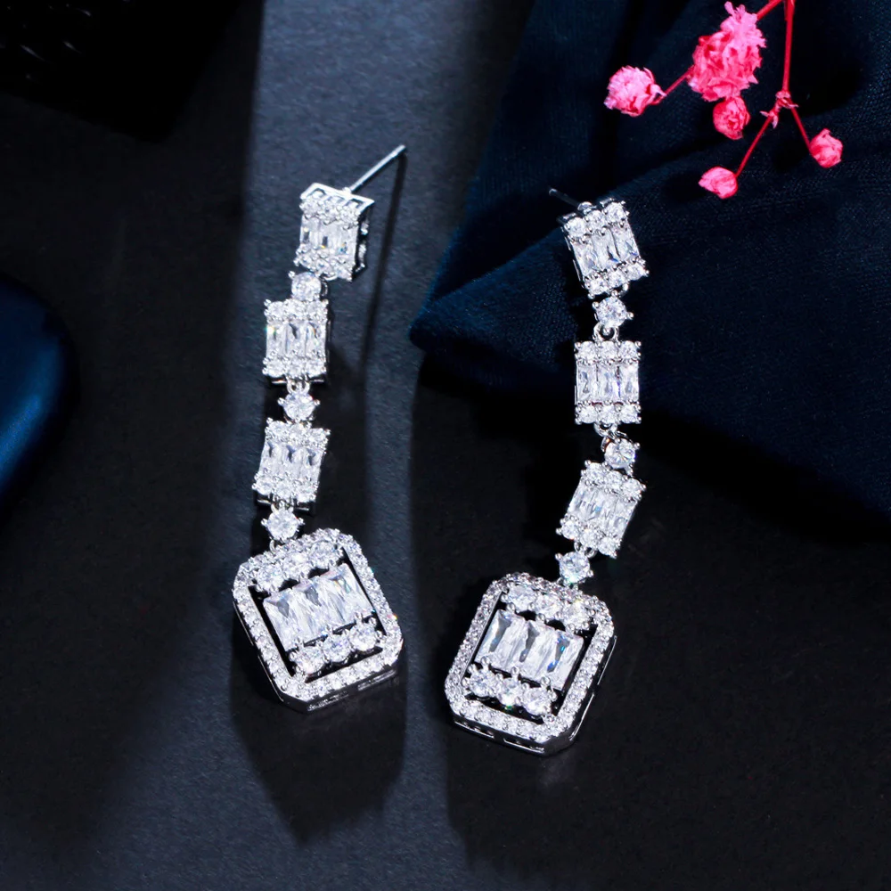 Pera Classic White Square Shape Cubic Zirconia Silver Color Long Dangle Drop Earrings Prom Party Dress Jewelry for Female E851 image 5