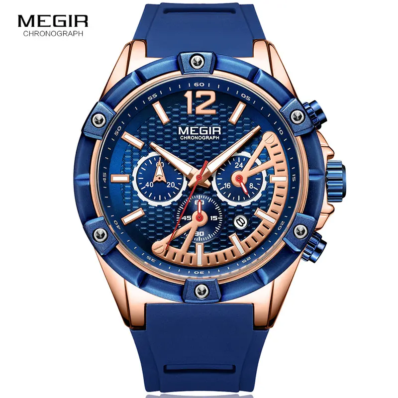 MEGIR Men\'s Sports Chronograph Quartz Wrist Watches Army Silicone Waterproof Stopwatch Relojios Masculinos Man ClockMN2083-2N0