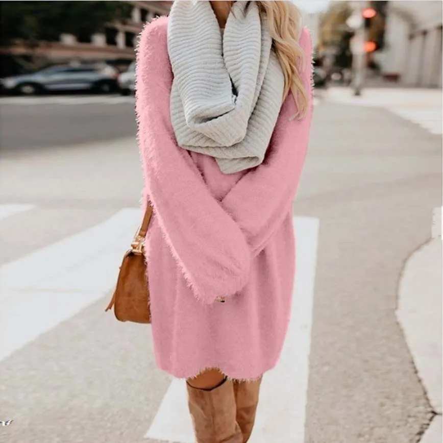 

Plus Size Fashion Winter Autumn Women Casual Pullover Plush Whiter Yellow Black Pink Bat Long Sleeve Sweater Dress