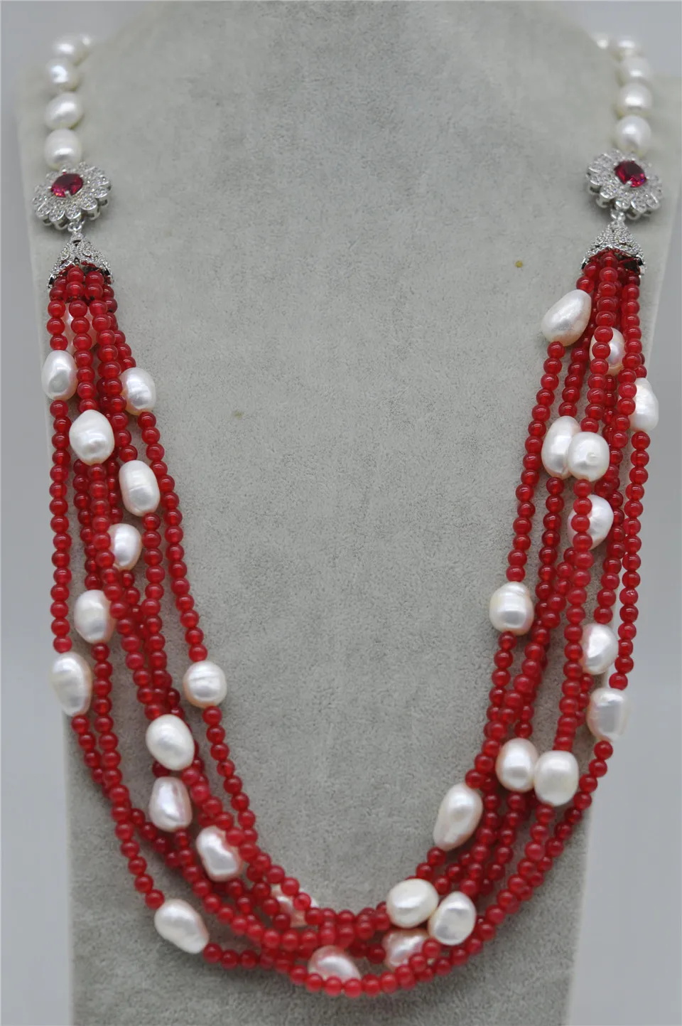 

HABITOO 31" 6 Strands Red Jade White Baroque Pearl Necklace Jewelry Chains Necklace for Woman жемчужное ожерелье